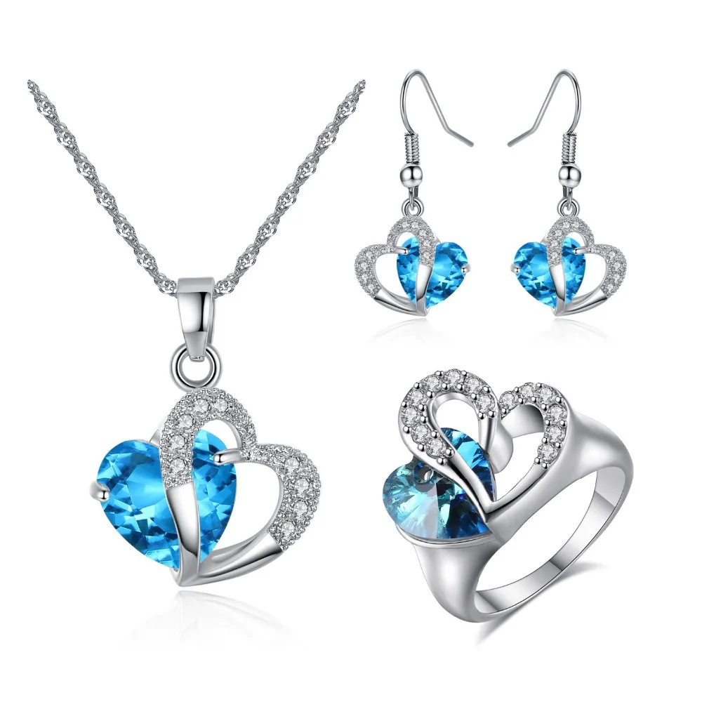 

Fashion Jewelry Set Blue Heart zircon Necklace Earrings Rings Size Birthday Bridal Jewellery