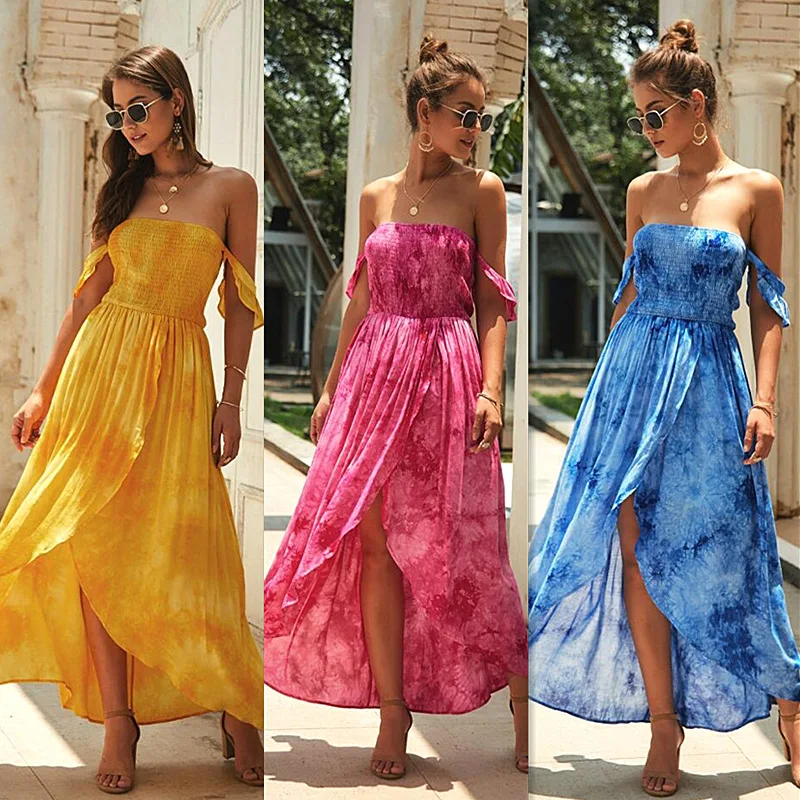 

2019 summer strapless print maxi dress women skirt suits