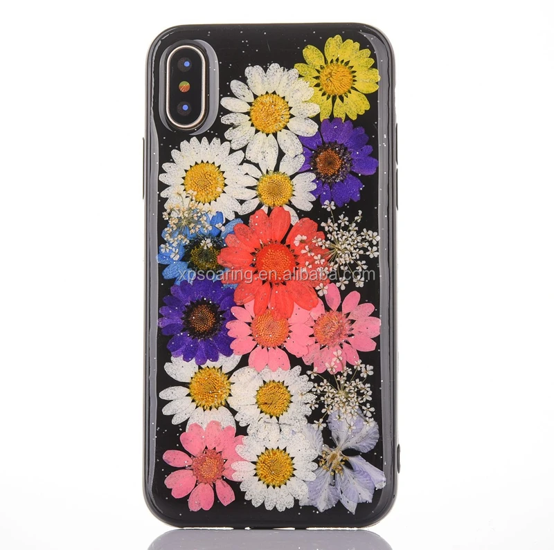 

Wholesale black tpu real flower case gel cover for iPhone X
