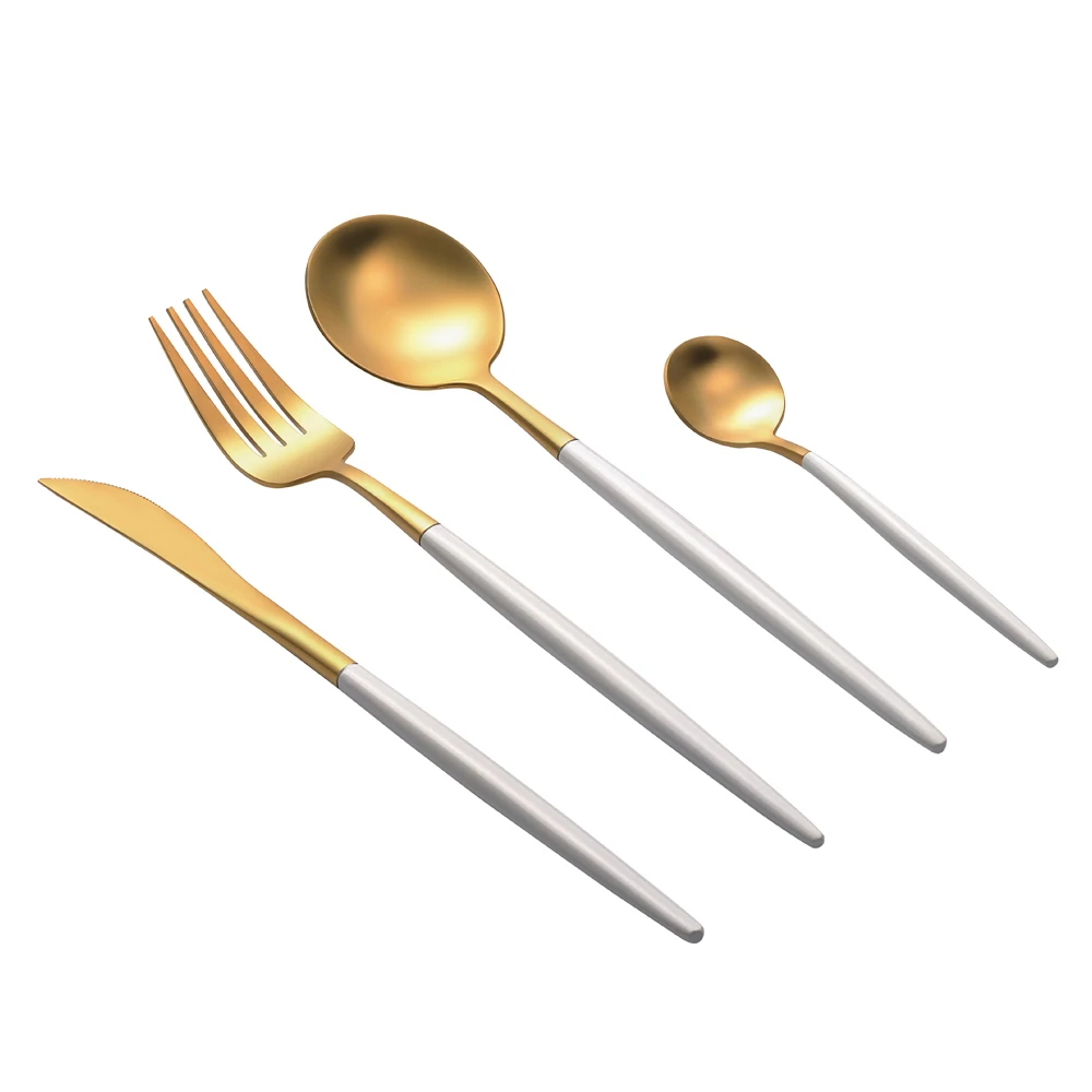 

Wholesale 4 pcs Matte finish white and gold stainless steel gold cutlery set, N/a
