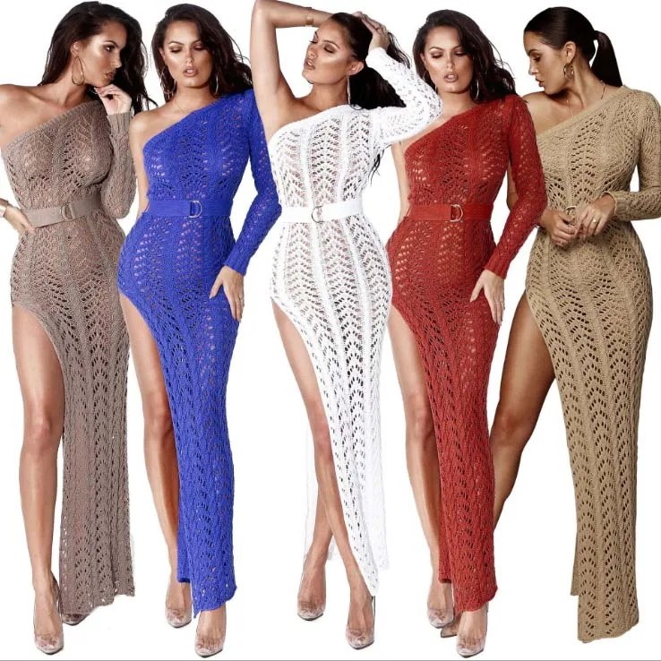 

5 Colors One Shoulder Sexy Side Split Knit Hand crocheted Long Dress, Camel, khaki, white, wine red , blue