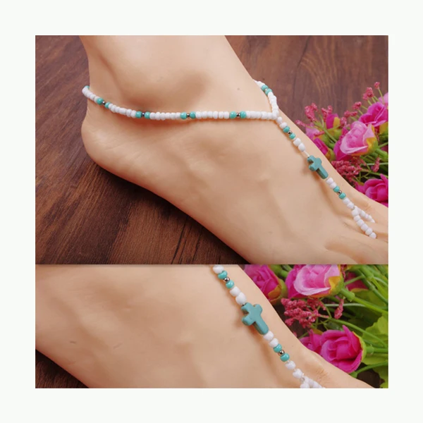 

Women's Beaded Barefoot Sandals Beach Jewelry Foot Elastic Chain Adorned with Blue and White Beads and Cross Charm