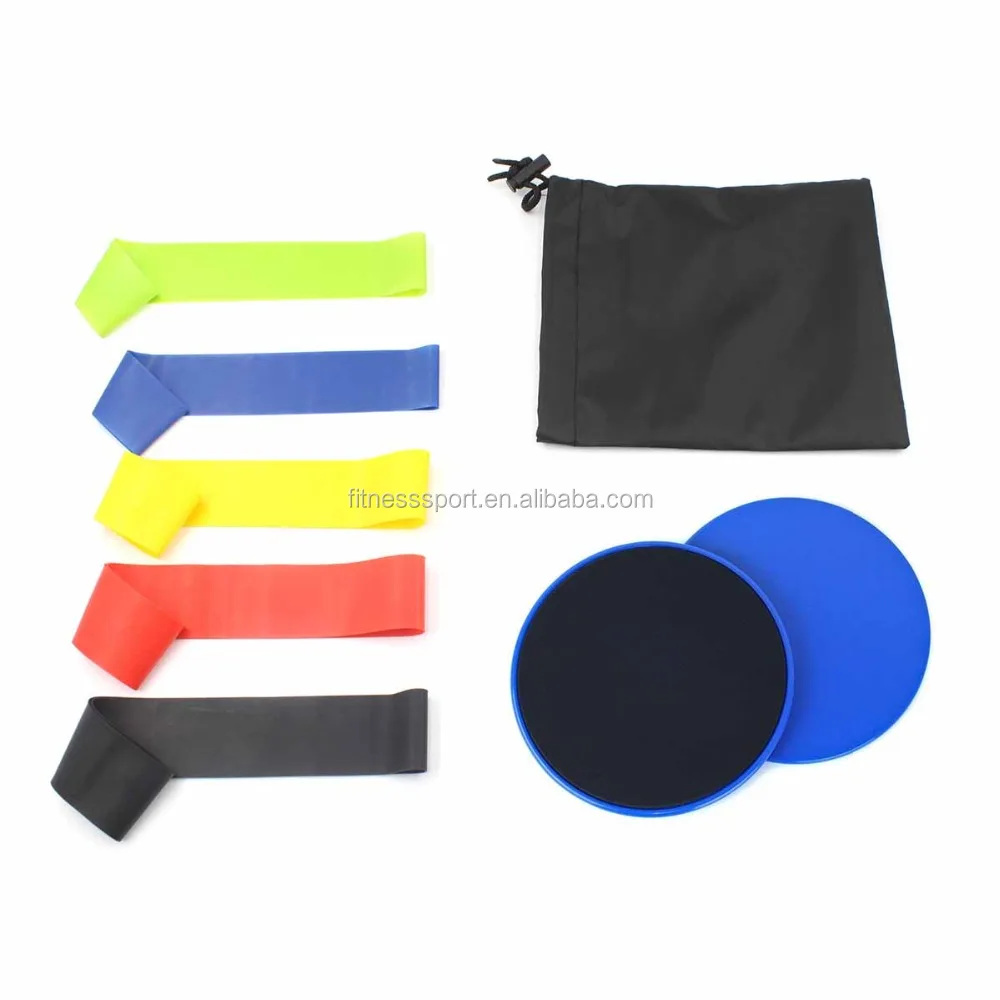 

Fitness mini loop resistance bands and Gliding Discs Core Sliders, Black yellow blue red green purple pink rose red