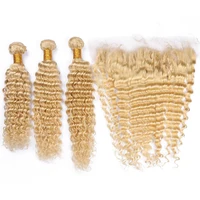 

Russian Blonde 613 Colour Deep Wave 100% Virgin Hair Weave with Frontal Closure, Raw 613 Human Hair Deep Wave Bundles