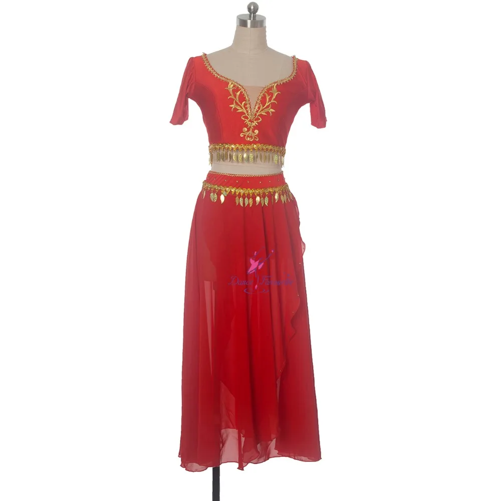 Red Professional Ballet Dance Costume Set Short Sleeve Spandex Dance Top and Long Skirt 18005