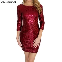 

CUHAKCI New Sexy Style Dress Women O-Neck Half Sleeve Paillette Sequins Backless Bodycon Slim Pencil Party Dresses