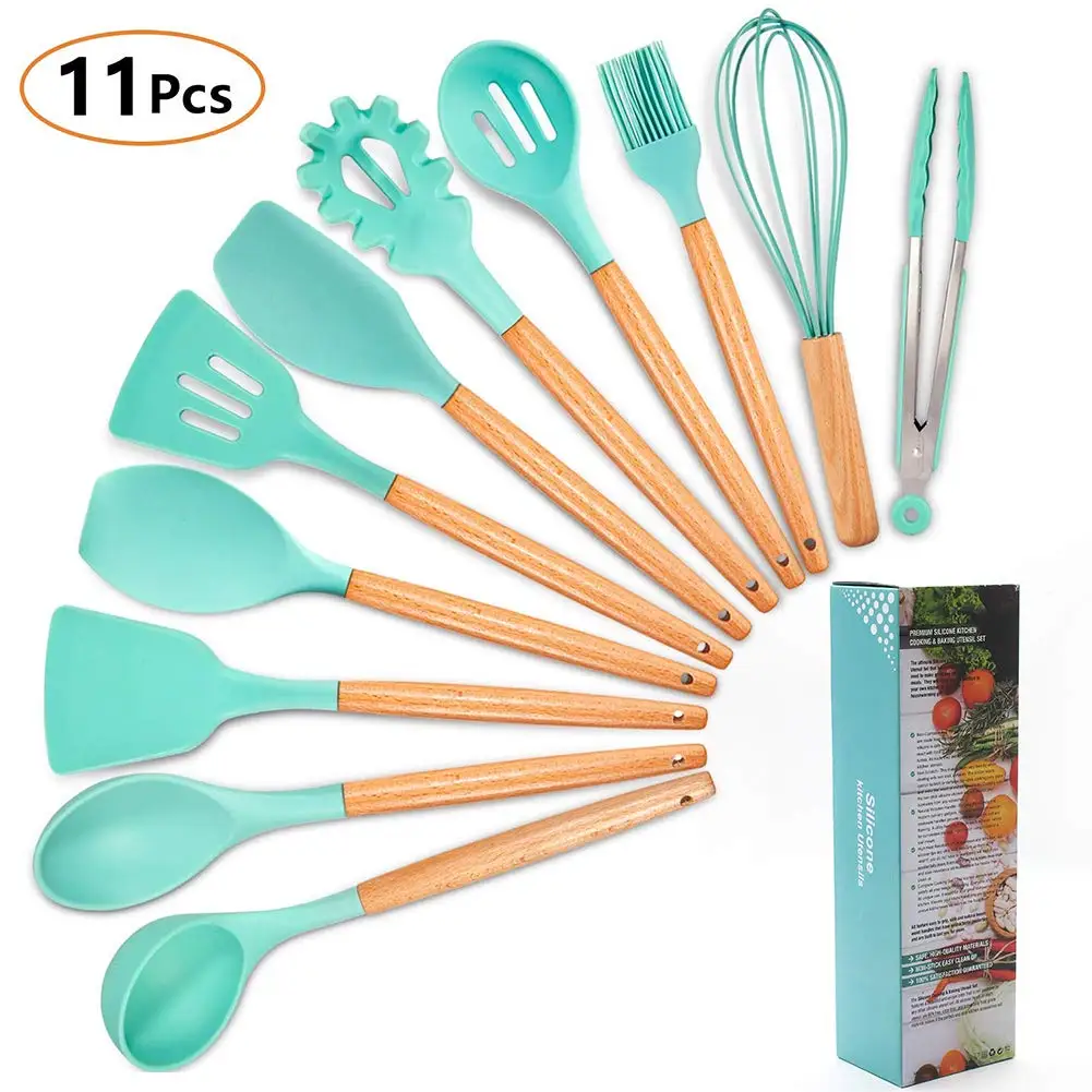 Cooking Utensil Sets,11 Pcs Silicone Kitchen Cooking Utensils Sets, Wooden  Handles Kitchen Gadgets Utensils Set for Nonstick Cookware, BPA free (Pink)  