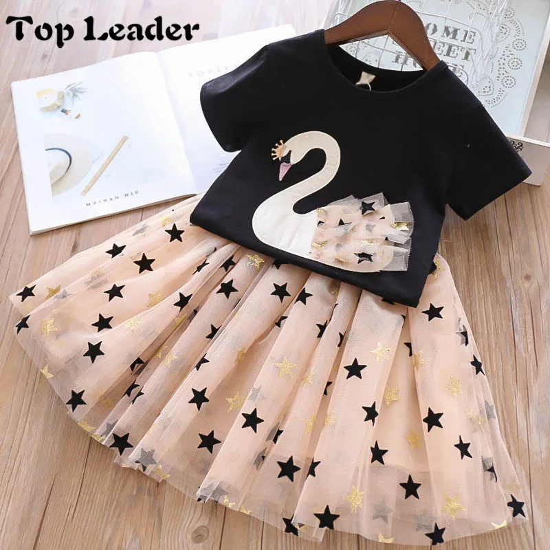 

Top Leader 2019 Summer New Baby Girls Clothing Sets Cartoon Flamingo T-Shirt+ Bling Star Dress 2Pcs Girls Clothes Casual Wear, Picture