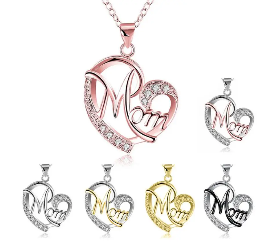 

Silver Love Heart Mom Pendant Chain Necklace Cubic Zircon Mum Mother's Day Gift
