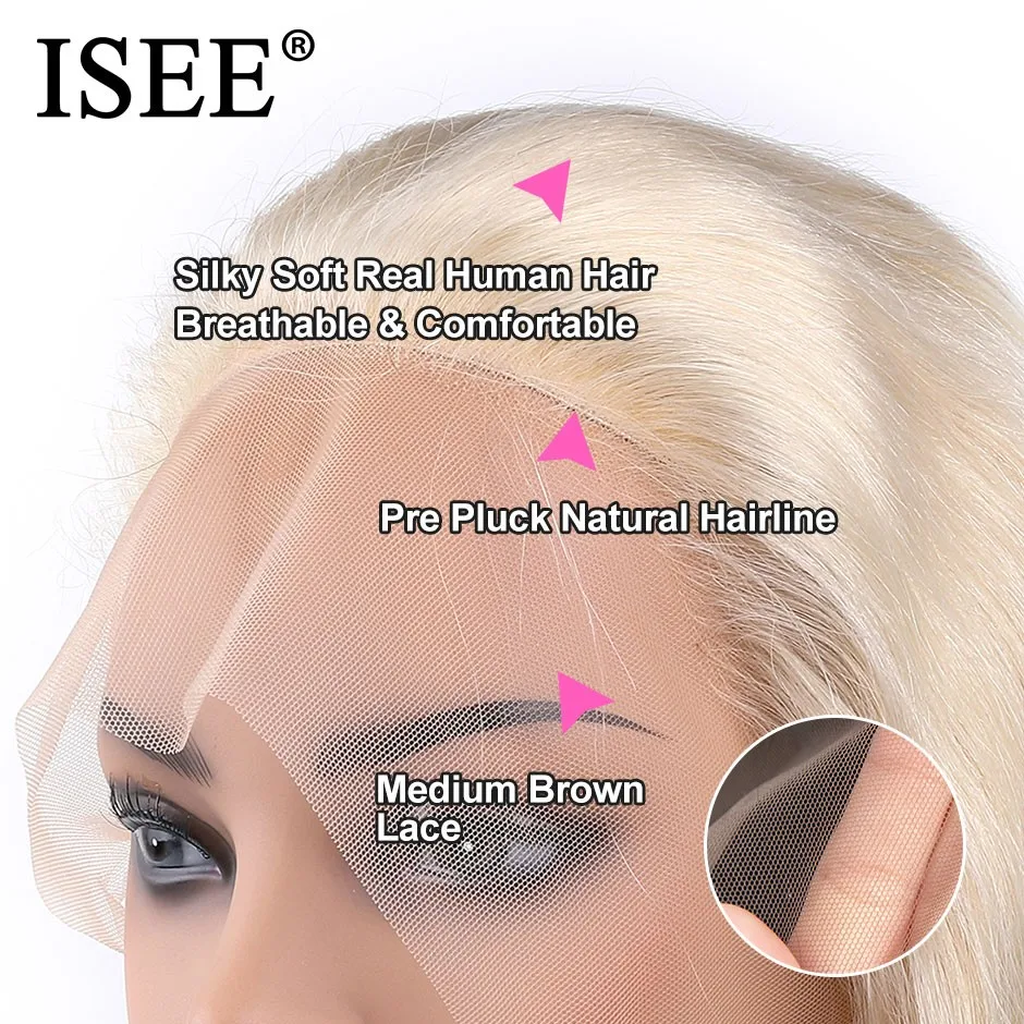 Isee 613 Blonde Blue Pink Brazilian Human Hair Straight Lace Front Wig Pre Plucked With Baby Hair