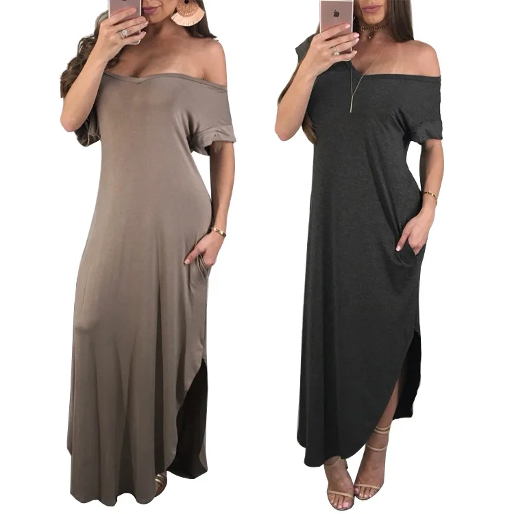 

Free shipping V-collar solid color open fork Pocket pure color casual one shoulder dress FM-K9203, Gray;coffee