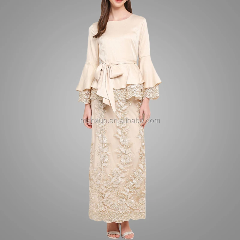 Fashion Design Malaysia Baju Kurung With Lace For Women Muslim Abaya Dress Sets Bell Sleeves Peplum Baju Kebaya Islamic Clothing Alibaba