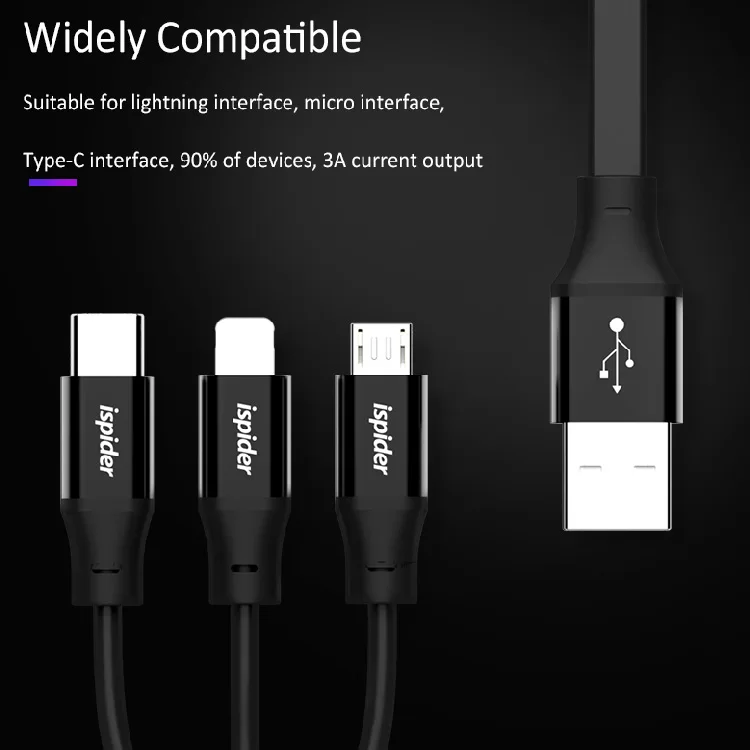 ispider Hot Sale Multi Charging USB Data Cable 3 In 1 for Iphone & Micro Usb & Type c USB Cable