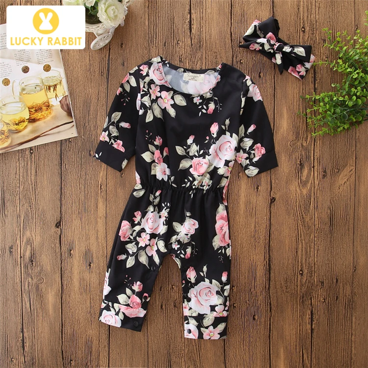 

Designer Baby Newborn Girl Clothes Sale Black Floral Girl Baby Clothing Cotton Romper With Headband