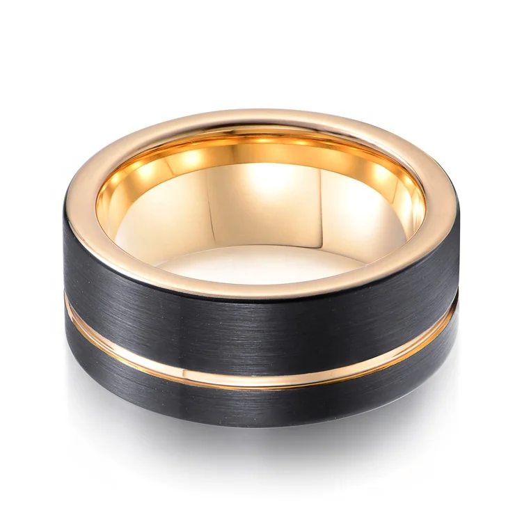 

2019 new arrival, men's tungsten wedding ring gold and black plated groove brushed flat surface 8mm