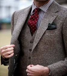 Mens Tweed Suit Custom Made Brown Mens Suit Tailored Single Breasted Men Suit Notch Lapel(Jacket+Pant+Vest)