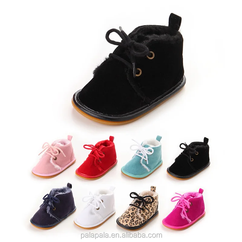 

wholesale toddler rubber baby oxford shoes with fur lace up baby booties, Pink black white red orange gold silver ect