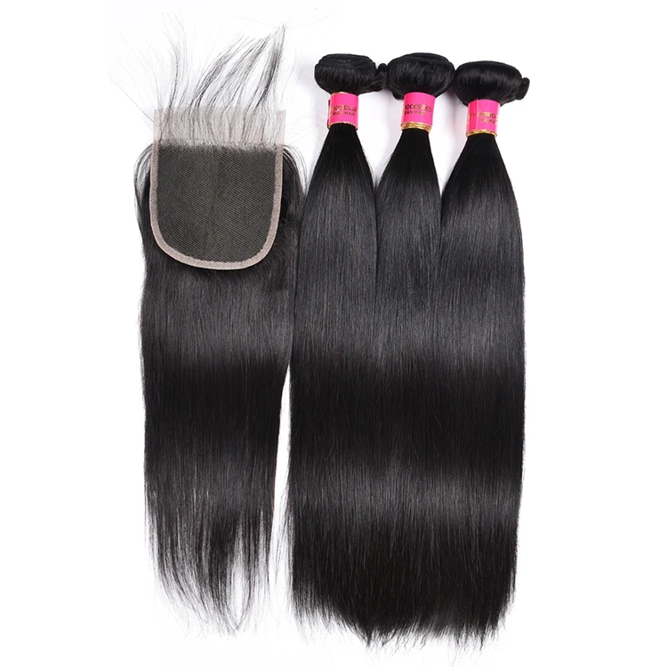 

Unprocessed Straight Virgin Brazilian Hair Bundles,4x4 Brazilian Virgin Human Hair Lace Closure, 1b# natural color;can be bleached and dyed