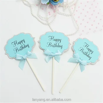 Happy Birthday Cake Pick Topper Decoration Glittered Sparkly Blue