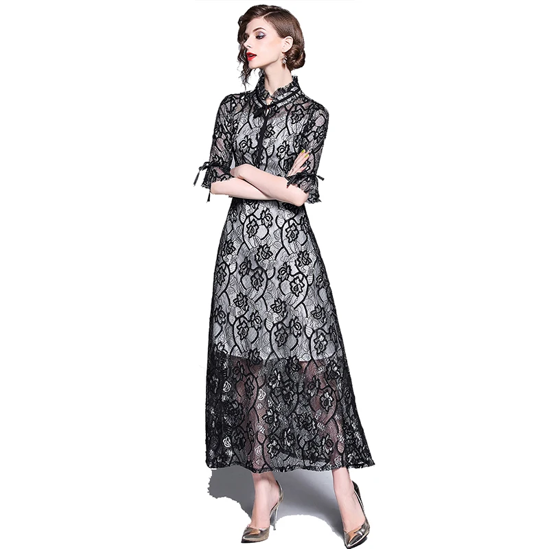 

Short Sleeve Embroidery Crochet Lace Dress, Black