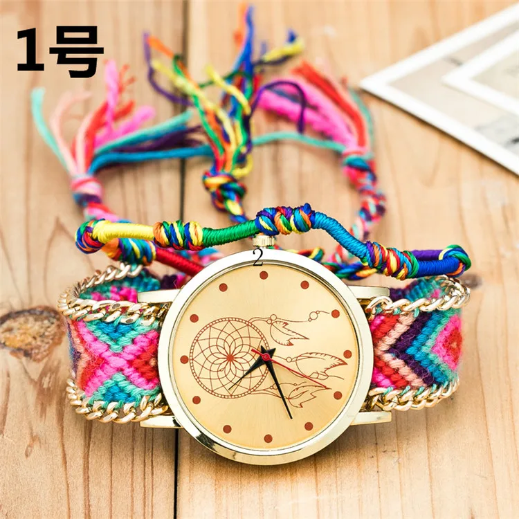 

New Colorful Handmade Braided Dream catcher Friendship Student Pattern Braided Bracelet Girls Quartz Watches, As picture