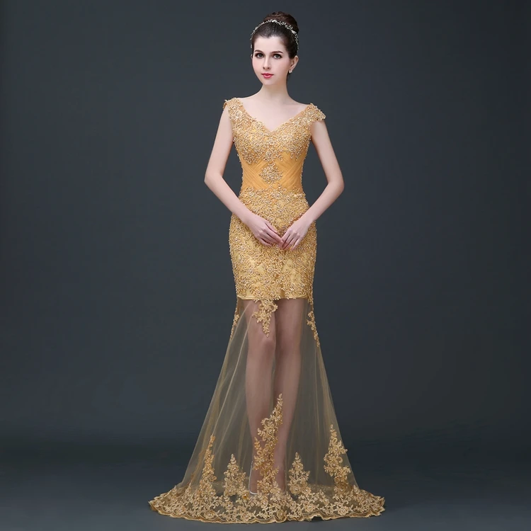 

Appliques pattern sexy illusion cocktail club evening dress wear gown supplier, Golden