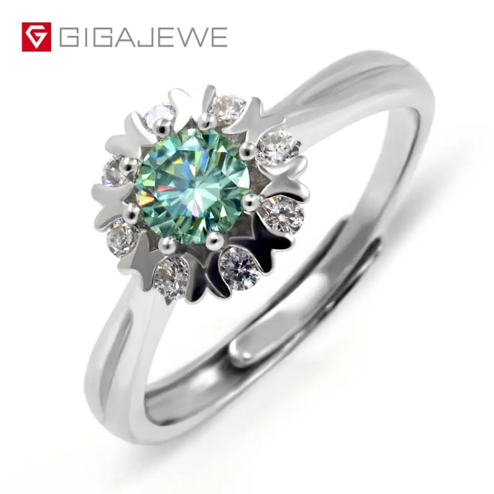 

0.46Ct Green color Round Cut Moissanite Jewelry Bridal Engagement Ring Flower Style In 925 Sterling Silver jewelry