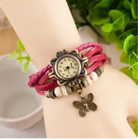 

2019 High Quality Women PU Leather Vintage Watches,Women dress bracelet Wristwatches butterfly Pendant