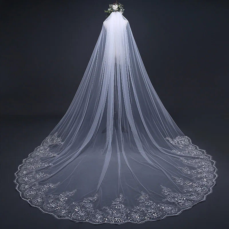 

TS17103 wedding veil wholesale cathedral veil white lace trim bridal veil