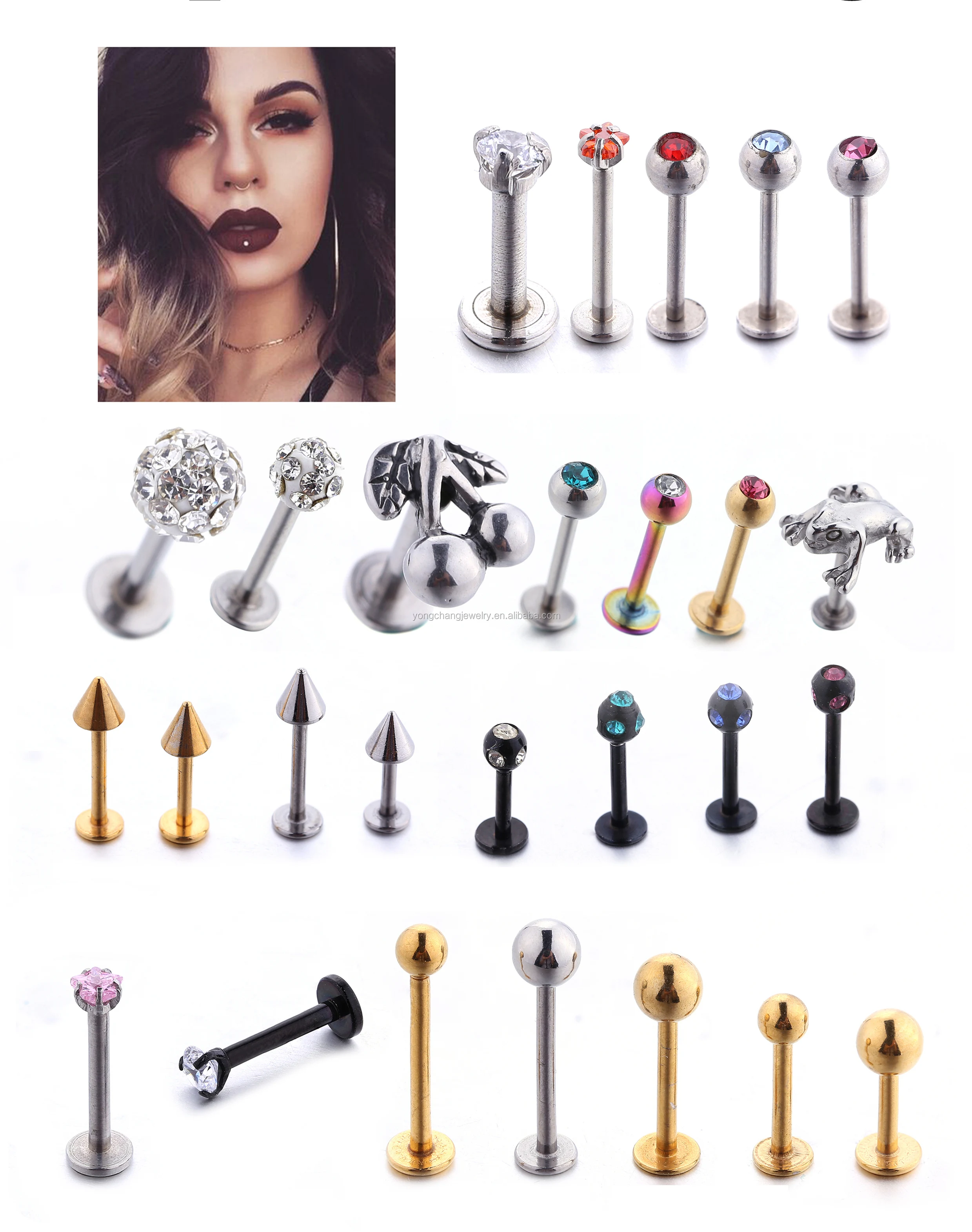 thumbnail image 2 of 2-Pack Ball Top Steel Labret Monroe Lip Rings – 316L Surgical Steel, Multiple Sizes & Gauges 2 of 4
