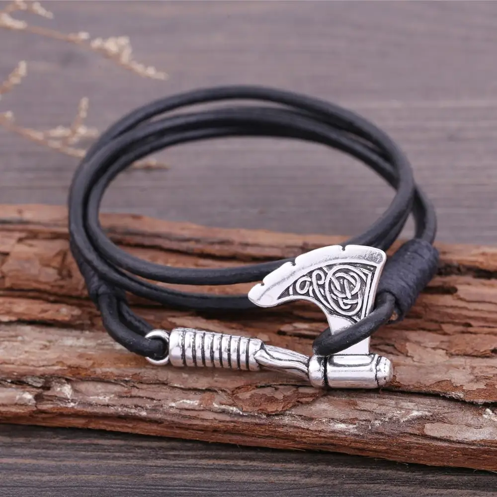 

New Products Jewelry Antique Silver Color Axe Bracelet Leather As Men Gift