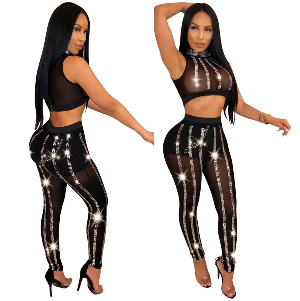 

TA7024 sexy black mesh bodycon shiny rhinestone two piece ladies club wear