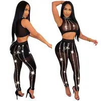 

TA7024 sexy black mesh bodycon shiny rhinestone two piece ladies club wear