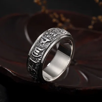 

Vintage 925 Sterling Silver Buddhism Sanskrit Om Mani Padme Hum Mantra Spinner Ring Band Jewelry for Men