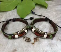 

Wholesale handmade wood bead lock and key couple magnetic handmade leather bracelet