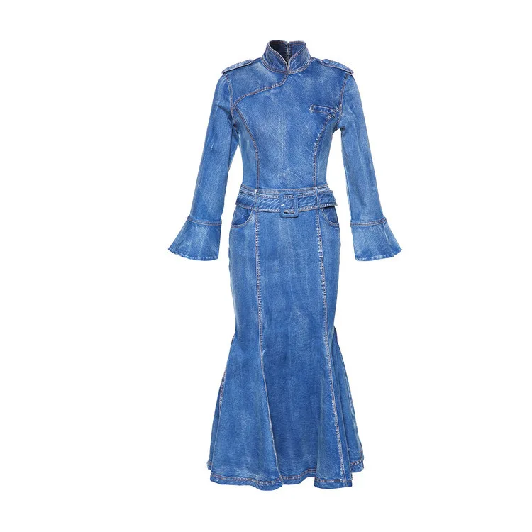 

Autumn 2019 high end womens new slim bell sleeve cheongsam flounced denim dresses, Blue