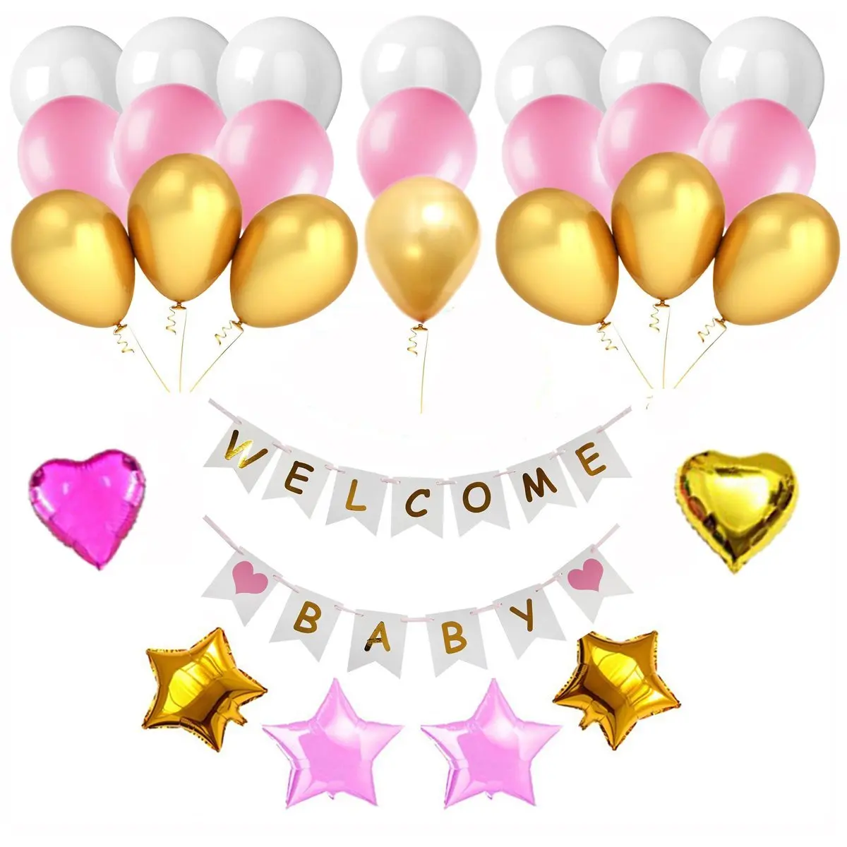 Buy Welcome Baby Banner Decorations Sit Party Supplies Kit White Card With Gold Letter Banner Gold And Pink Star Balloons And Heart Balloons 3 Color Balloons For Baby Shower Birthday Party In Cheap Price