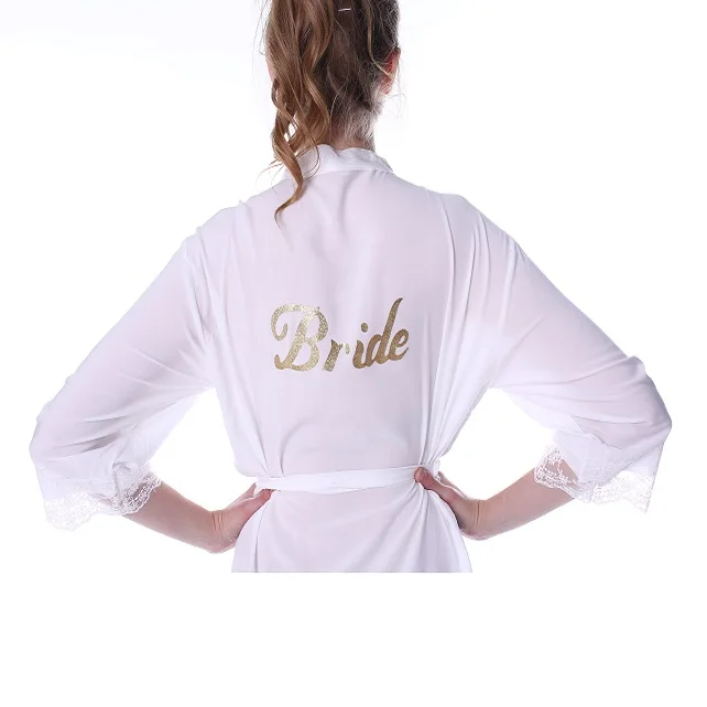 Women's Cotton Kimono Robe for bride and Bridesmaids with Lace Trim with Gold Glitter Back