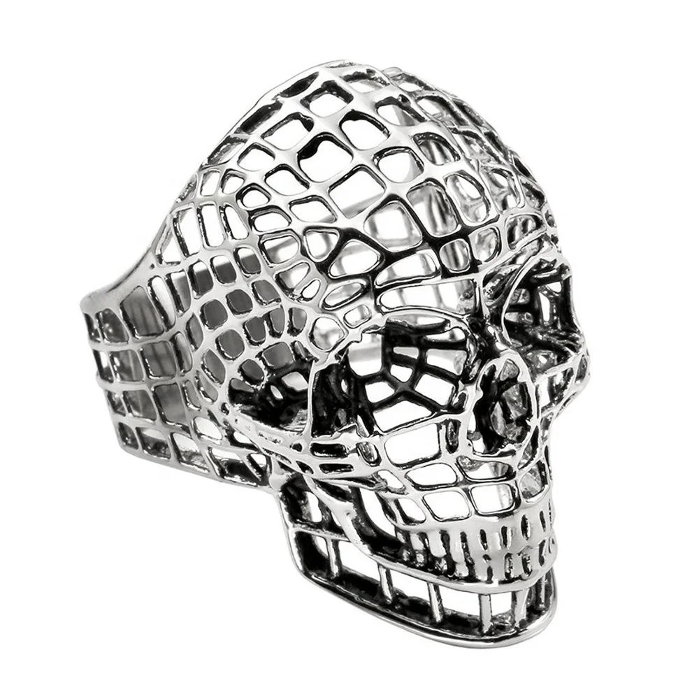 

Cheap Punk Pirate Hollow Skull Men Finger Rings Silver Plated Skull Ring Decoration Gifts, Alloy color