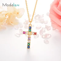 

Modalen Stainless steel Gold Chain Dainty Crystal Stone Cross Pendant Rainbow Necklace