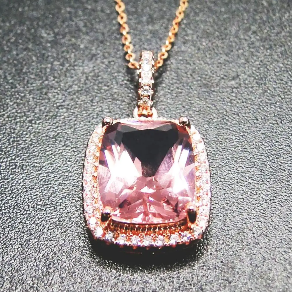 

Emerald Cut 9*11mm 925 Silver Pink Morganite Halo Pendant Rose Gold Plated Jewelry