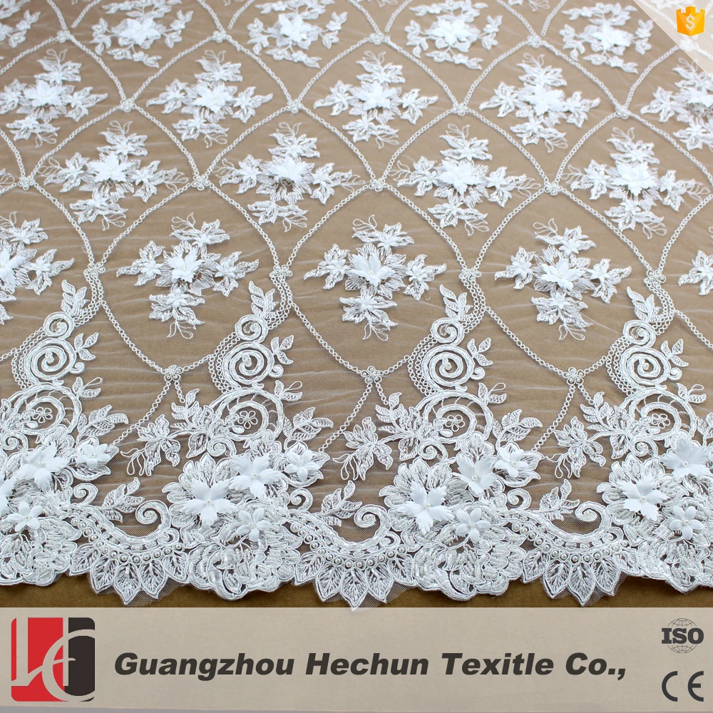 

HC-0945 Hechun spiral lace fabric with 3d flower beads for bridal wedding dress, Black;white;beige