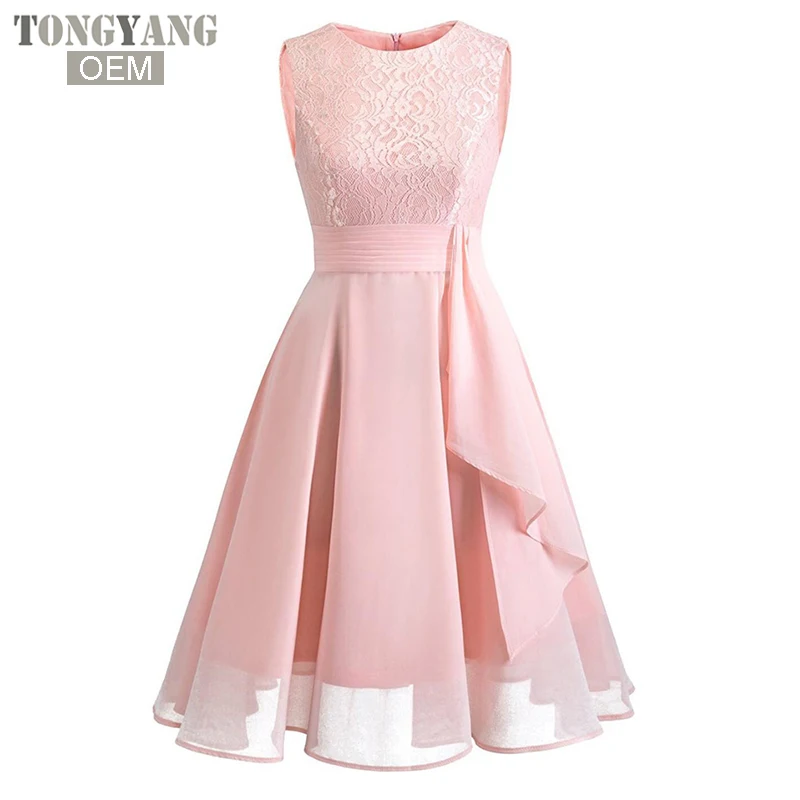 

TONGYANG Ladies Sleeveless Lace Chiffon Dress Women Elegant O-Neck Party Dress, 4 colors