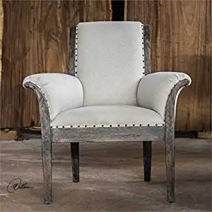 Ambient Craftsman Built From Solid Plantation Grown Mango Wood In A Weathered Driftwood Finish With Deep Graining, Antique White Polyester With Antique Bronze Nail Head Trim Fabric Armchair