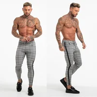 

2019 Gingtto No MOQ Skinny Fit Stretch Check Trousers With The Side Taping Mens Checkered Pants