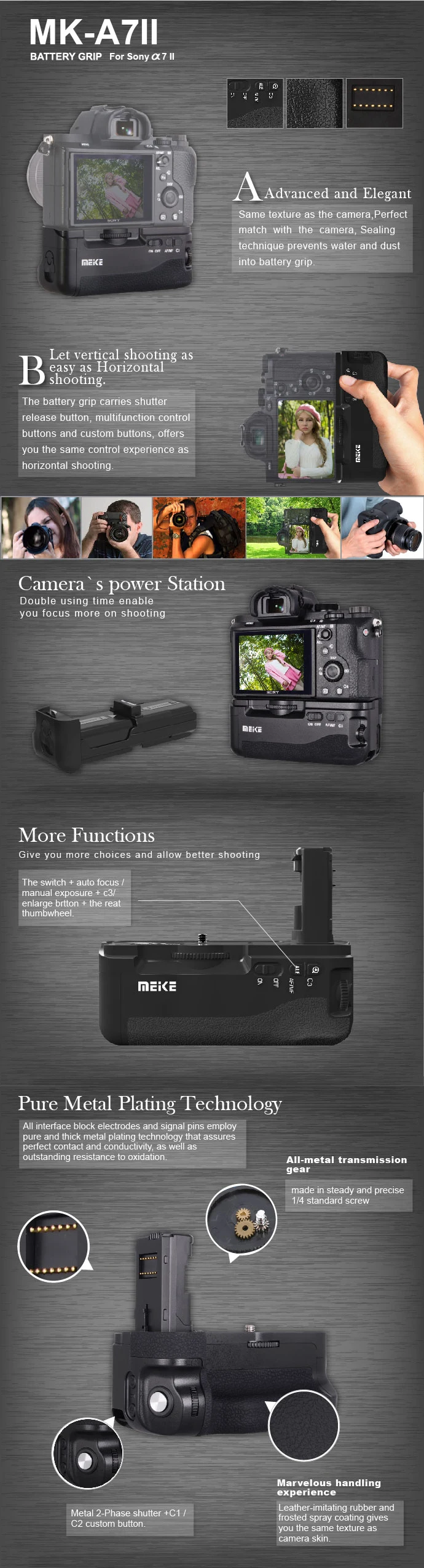 MEIKE Vertical Battery Grip for Sony A7II A7 II W/2.4G Wireless Remote Control