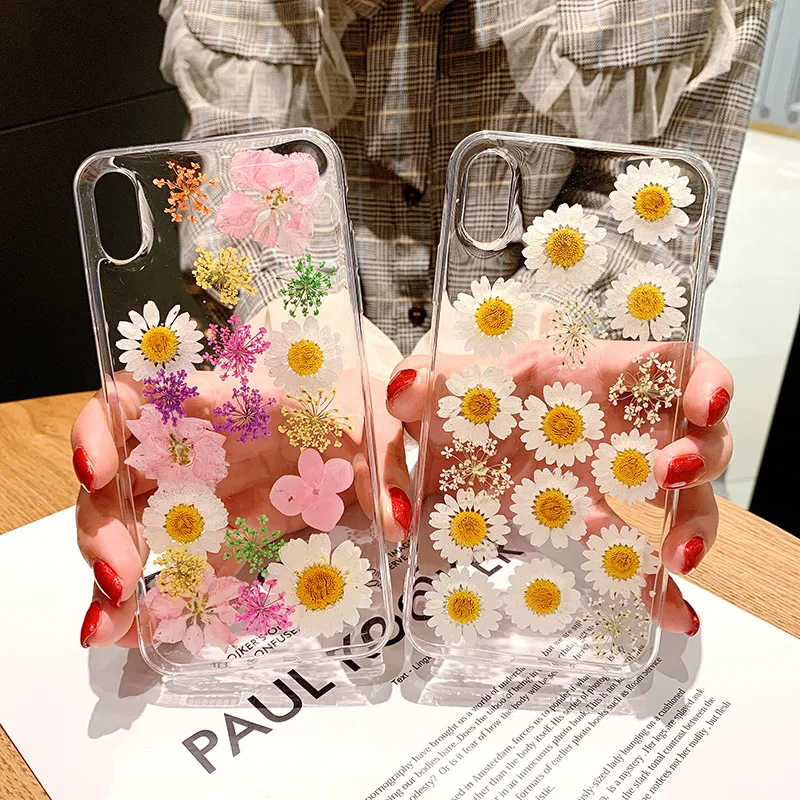 

For iPhone Xs Max X XR 6 7 8 Plus Covers Fresh Genuine Flower Pressed Handmade Rubber Clear Soft Case, Colorful