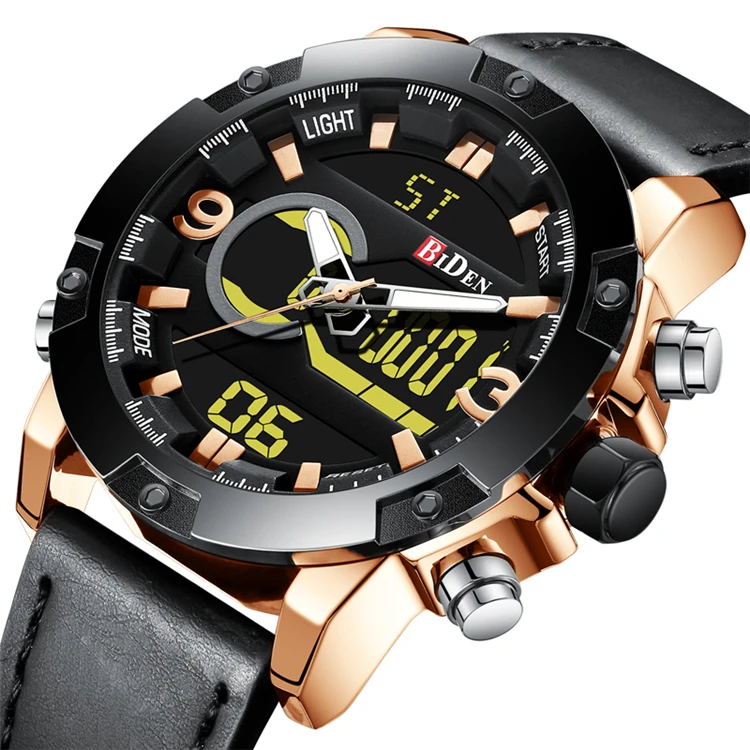 

BIDEN 0108 brand man watches genuine leather waterproof mens sports quartz digital multifunction men's clocks black
