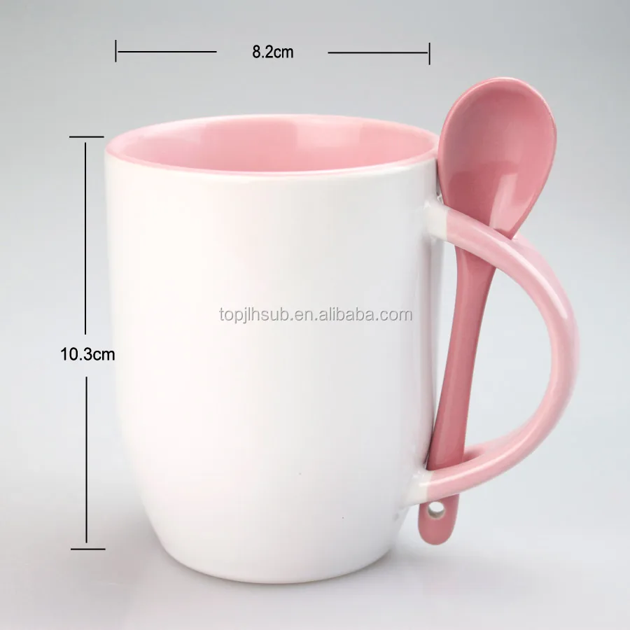 

High quality sublimation heat transfer printing mug 11oz inside color ceramic coffee mug with spoon, Brown,blue,red,green,black,orange,yellow,pink