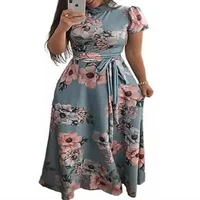 

Hot Sale Autumn New European And American Style Flower Print Short Sleeve Big Swing Long Dress Women's Clothing